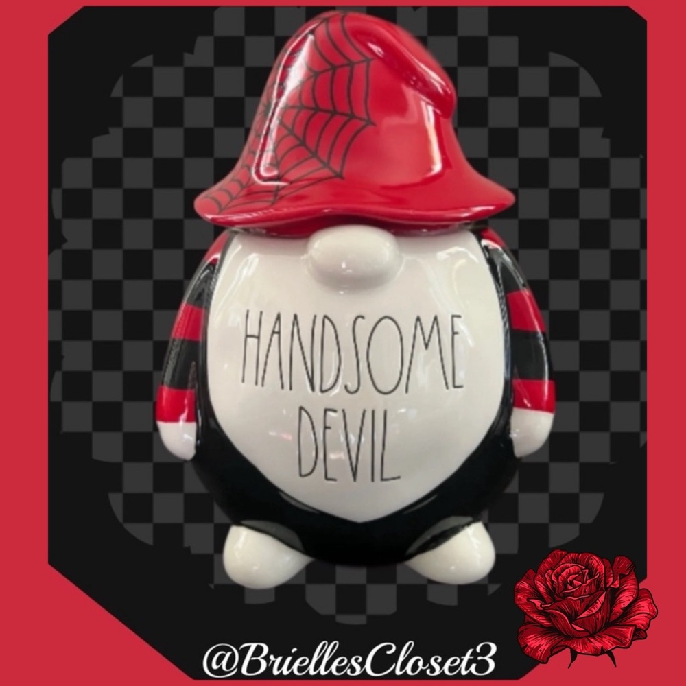 Cookie Jar 🌸 New Rae Dunn Handsome Devil Gnome Cookie/Treat Jar - Red & Black
